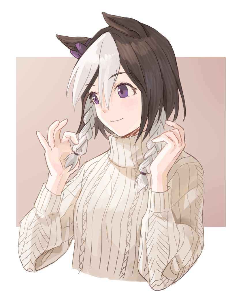 1girl, alternate_costume, animal_ears, bow, braid, braided_sidelock, brown_background, brown_hair