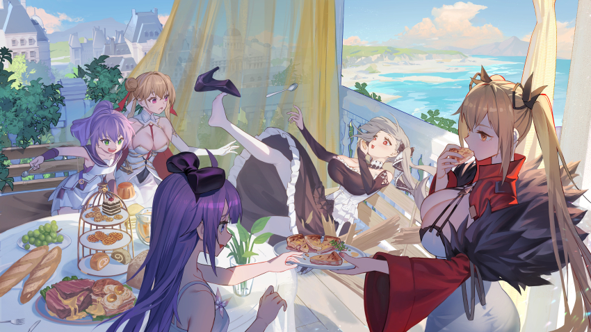 5girls, absurdres, azur_lane, baguette, balcony, black_dress, black_footwear, blonde_hair