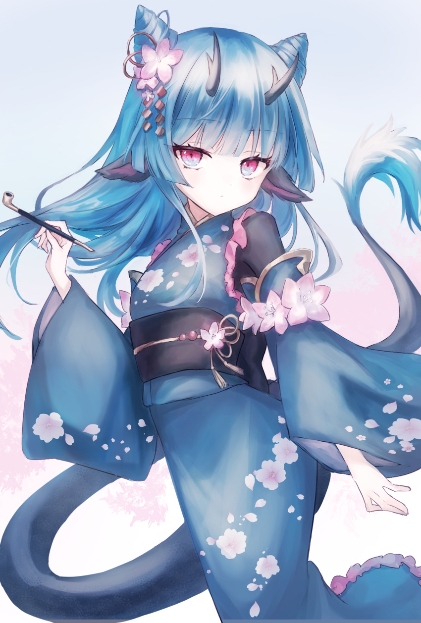 1girl, animal_ears, back_bow, blue_eyes, blue_hair, blue_kimono, blunt_bangs, blush