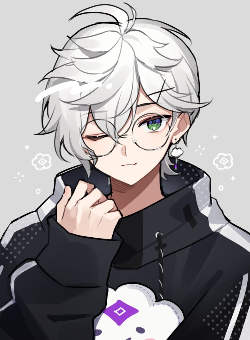 1boy, black_hoodie, earrings, glasses, green_eyes, grey_background, grey_hair, hair_ornament