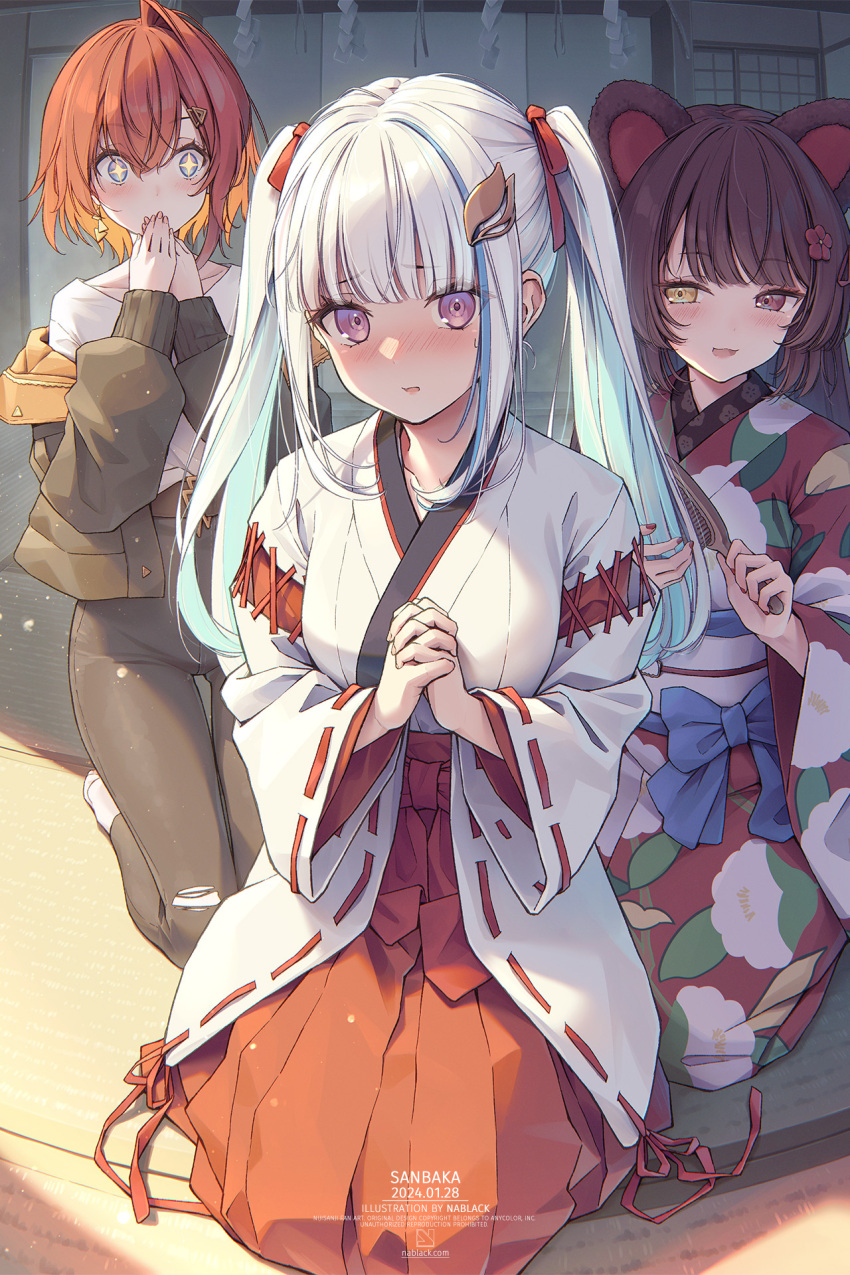 3girls, ahoge, ange_katrina, ange_katrina_(casual), animal_ears, aqua_hair, black_jacket, black_pants, blue_eyes, blue_hair, blunt_bangs, blush, brown_hair, brushing_hair, collarbone, colored_inner_hair, cross-laced_clothes, crossed_bangs, crossed_fingers, denim, dog_ears, embarrassed, floral_print, floral_print_kimono, frown, hair_between_eyes, hair_ribbon, hakama, highres, inui_toko, inui_toko_(kimono), jacket, japanese_clothes, jeans, kimono, kuro-kun_(nablack), lize_helesta, long_hair, miko, multicolored_hair, multiple_girls, nijisanji, off_shoulder, official_alternate_costume, official_alternate_hairstyle, pants, pleated_skirt, print_kimono, purple_eyes, red_eyes, red_hair, red_hakama, red_ribbon, ribbon, sanbaka_(nijisanji), seiza, short_hair, shouji, sidelocks, sitting, skirt, sliding_doors, smile, socks, sparkling_eyes, streaked_hair, sweatdrop, torn_clothes, torn_jeans, torn_pants, twintails, virtual_youtuber, white_hair, white_kimono, white_socks, yellow_eyes