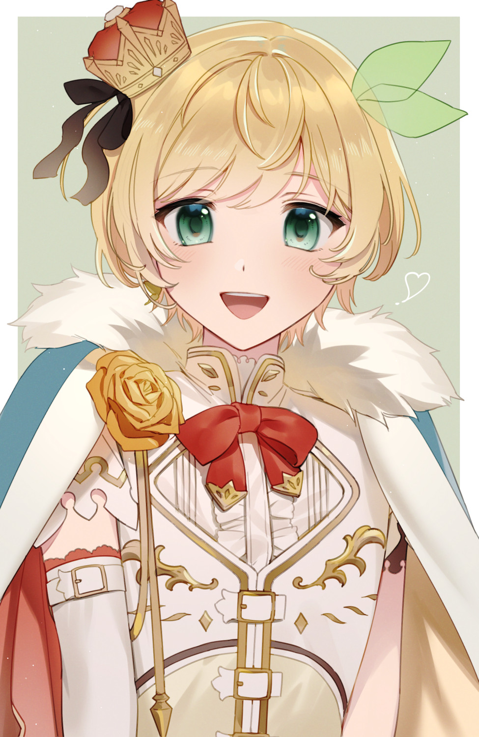 1boy, black_ribbon, blonde_hair, bow, bowtie, cape, collared_shirt, crown, elbow_gloves, flower, fur-trimmed_cape, fur_trim, gloves, green_eyes, hair_ribbon, heart, highres, looking_at_viewer, mini_crown, nijisanji, njcccsj, open_mouth, red_bow, red_bowtie, ribbon, rose, shirt, short_hair, simple_background, smile, solo, suzuya_aki, suzuya_aki_(7th_costume), trap, virtual_youtuber, white_gloves, white_shirt, yellow_flower, yellow_rose