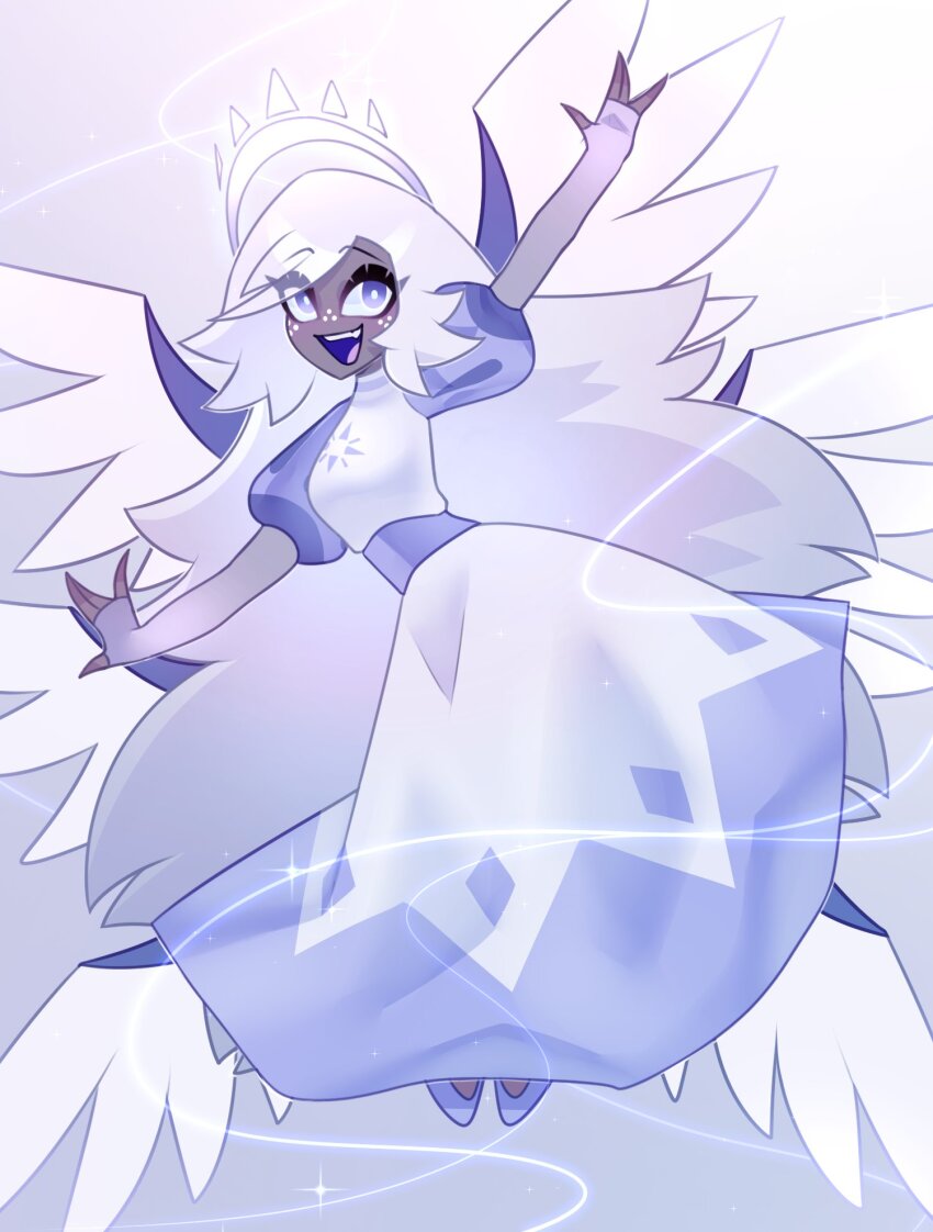 angel, angel_wings, breasts, colored_skin, dark-skinned_female, dark_skin, dress, emily_(hazbin_hotel), fingerless_gloves, freckles, gloves, glowing, glowing_halo, grey_hair, grey_skin, halo, hazbin_hotel, hellaverse, highres, long_hair, luiicu, medium_breasts, multiple_wings, open_mouth, outstretched_arms, purple_dress, purple_eyes, purple_footwear, seraph, smile, sparkle, very_long_hair, wings