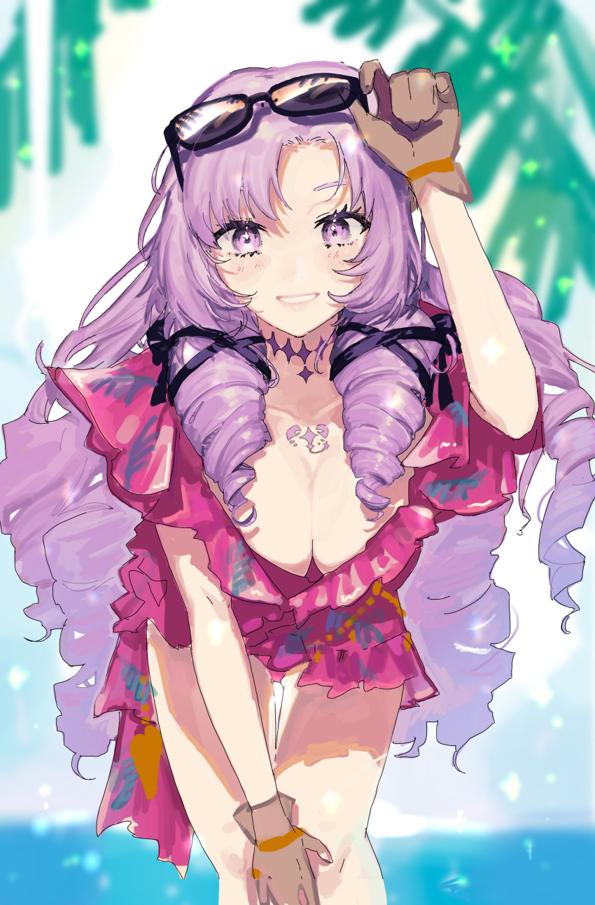 1girl, 6demo, absurdres, adjusting_eyewear, bent_over, blurry, blurry_background, blush