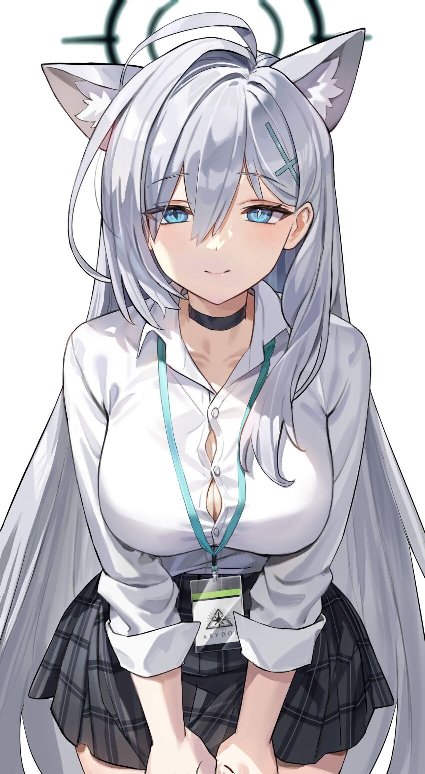 1girl, absurdres, ahoge, alternate_costume, animal_ear_fluff, animal_ears, black_choker, black_halo, black_skirt, blue_archive, blue_eyes, blush, breasts, bright_pupils, button_gap, choker, closed_mouth, collarbone, collared_shirt, cross_hair_ornament, hair_between_eyes, hair_ornament, halo, highres, lanyard, large_breasts, long_hair, long_sleeves, looking_at_viewer, mismatched_pupils, nissy, plaid_clothes, plaid_skirt, shiroko_terror_(blue_archive), shirt, simple_background, skirt, smile, solo, white_background, white_pupils, white_shirt