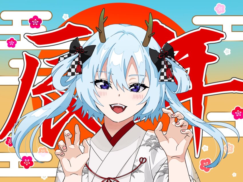 1girl, :d, alternate_hairstyle, animal_print, assault_lily, bird_print, black_bow, blue_background