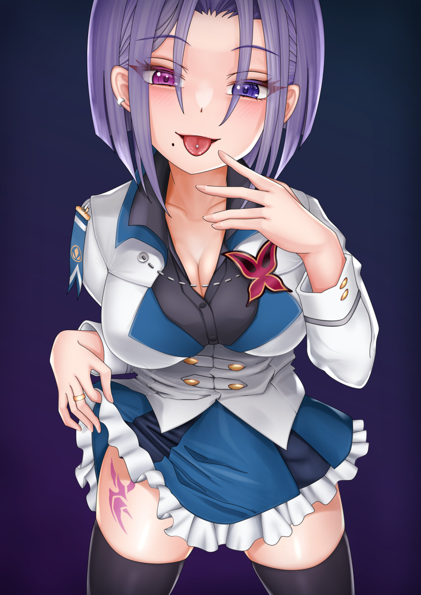 1girl, :p, assault_lily, black_background, black_shirt, black_thighhighs, blue_skirt, bob_cut