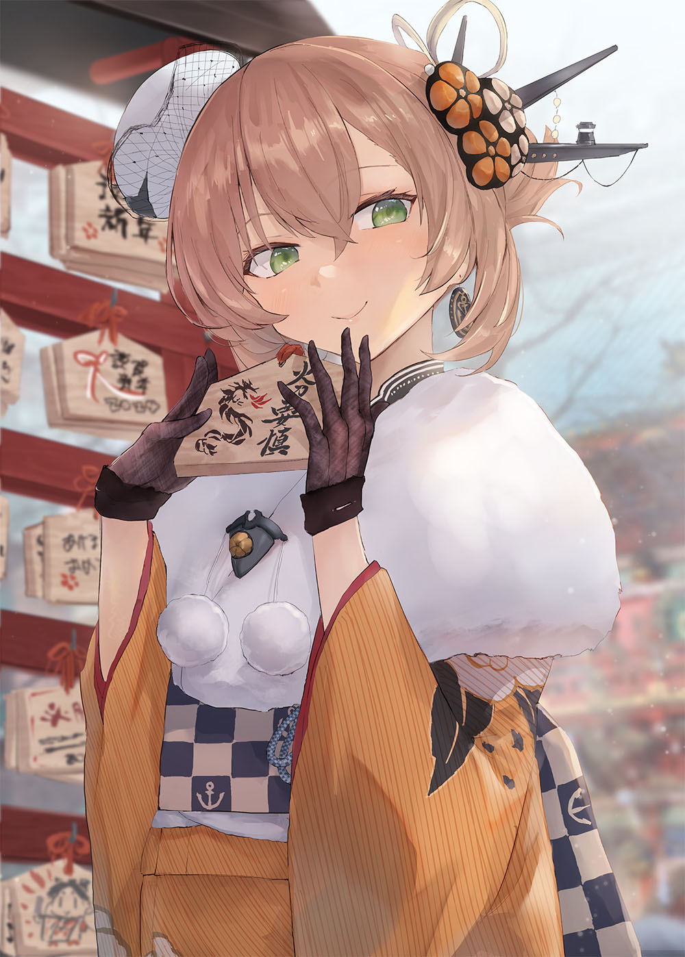 1girl, black_gloves, brown_hair, flipped_hair, fur_collar, gloves, green_eyes, hair_between_eyes