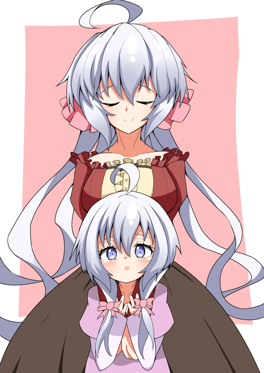 2girls, 9ma_(9matohibari), :o, absurdres, ahoge, blue_eyes, blush, breasts