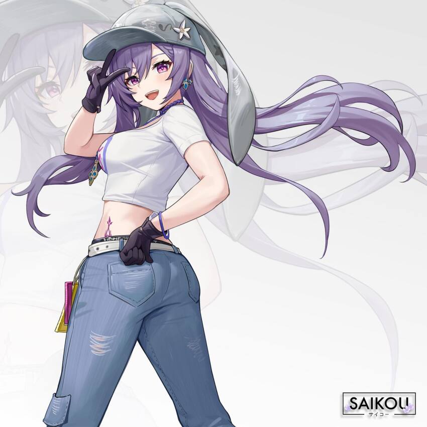 1girl, alternate_costume, animal_ears, ass, baseball_cap, belt, black_gloves, blue_pants, breasts, cbmus, choker, commentary, cosplay, crop_top, denim, earrings, fake_animal_ears, floating_hair, genshin_impact, gloves, grey_hat, hand_on_own_hip, hand_up, hanni_(newjeans), hanni_(newjeans)_(cosplay), hat, highres, jeans, jewelry, k-pop, keqing_(genshin_impact), long_hair, looking_at_viewer, looking_back, medium_breasts, midriff, necklace, newjeans, omg_(newjeans), open_mouth, pants, pink_eyes, purple_choker, purple_hair, rabbit_ears, second-party_source, shirt, short_sleeves, smile, solo, standing, tattoo, torn_clothes, torn_pants, twisted_torso, v, very_long_hair, white_background, white_shirt, y2k_fashion, zoom_layer