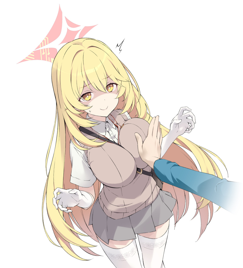 1girl, 1other, blonde_hair, blue_archive, breasts, bright_pupils, brown_sweater_vest, brown_vest