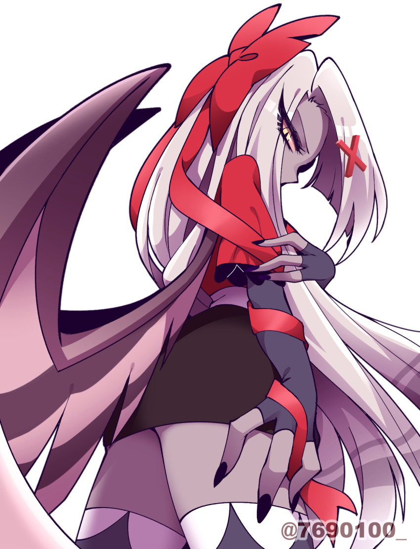 1girl, artist_name, black_nails, black_skirt, bow, colored_sclera, colored_skin, elbow_gloves, fingerless_gloves, fingernails, frilled_sleeves, frills, from_behind, from_below, gloves, grey_gloves, grey_skin, grey_thighhighs, grey_wings, hair_bow, hand_on_own_arm, hazbin_hotel, hellaverse, highres, long_fingernails, long_hair, looking_at_viewer, menattou, multicolored_wings, pink_sclera, red_bow, red_ribbon, red_shirt, ribbon, shirt, short_sleeves, simple_background, skirt, slit_pupils, solo, striped_wings, thighhighs, twitter_username, vaggie, very_long_hair, watermark, white_background, white_hair, white_wings, wings