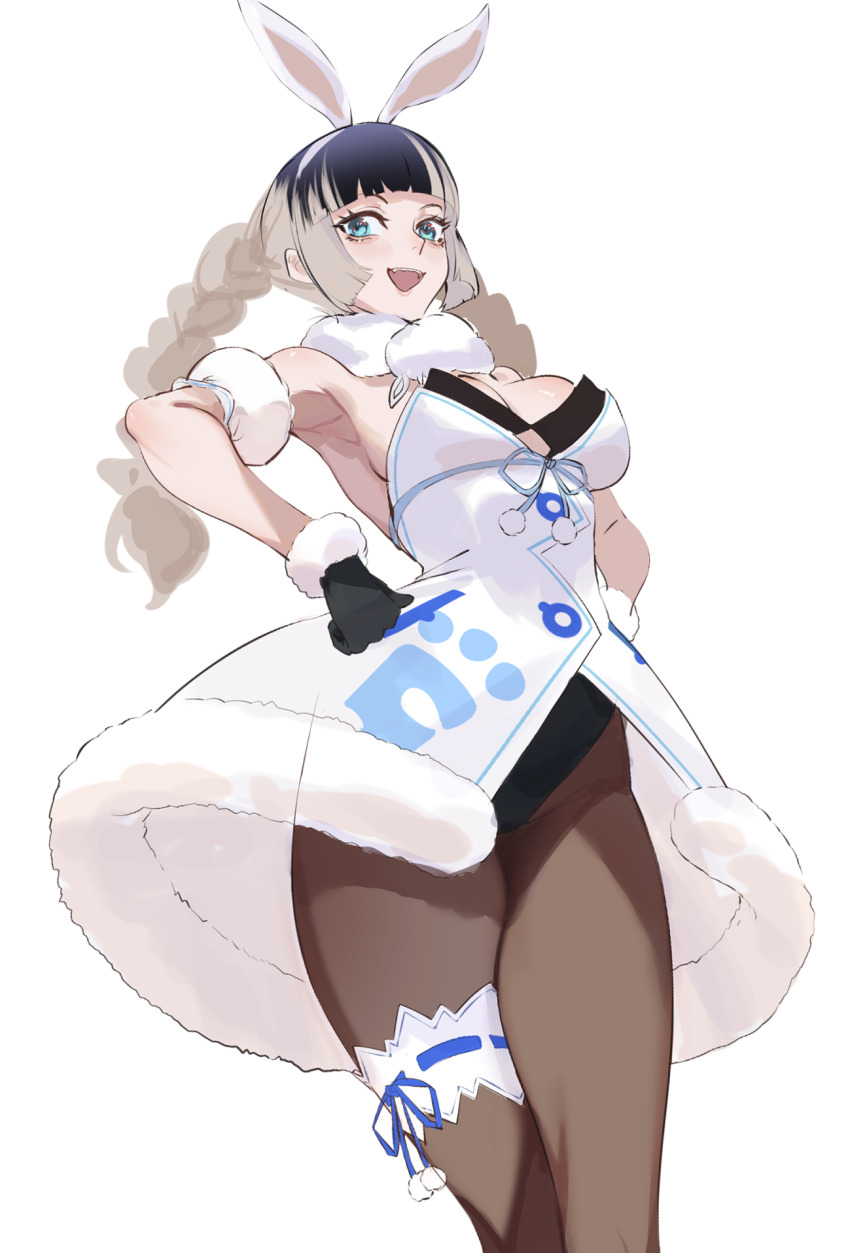 1girl, :d, bare_shoulders, black_hair, black_pantyhose, blue_eyes, blunt_bangs, braid