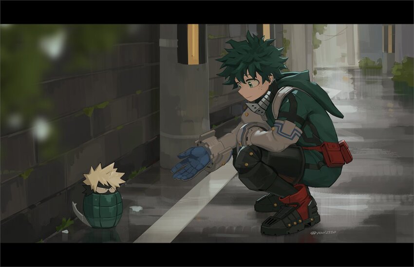 1boy, bakugou_katsuki, black_footwear, blue_gloves, bodysuit, boku_no_hero_academia, building, closed_mouth