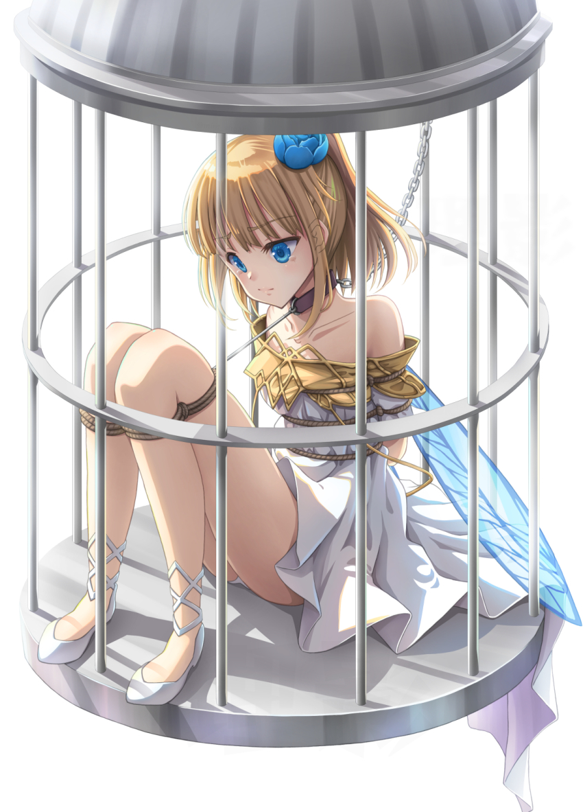 1girl, arms_behind_back, bare_legs, bare_shoulders, birdcage, blonde_hair, blue_eyes, blue_flower, bound, bound_arms, bound_legs, cage, chain, closed_mouth, collar, crying, crying_with_eyes_open, dress, fairy, fairy_wings, flat_chest, flower, full_body, hair_flower, hair_ornament, highres, in_cage, leshade_entis, lips, long_bangs, looking_down, panties, panty_peek, ponytail, restrained, rope, short_hair, solo, sora_(beast_tamer), tears, underwear, white_dress, white_footwear, white_panties, wings, yuusha_party_wo_tsuihou_sareta_beast_tamer_saikyoushu_no_nekomimi_shoujo_to_deau