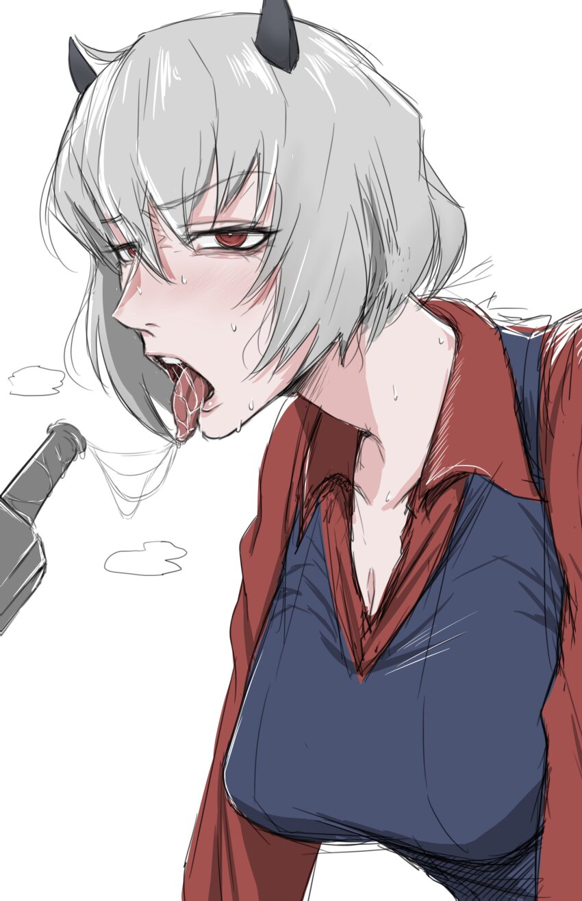 1girl, absurdres, ankokudzura_no_kuma-san, black_horns, black_vest, bottle, demon, demon_girl, demon_horns, grey_horns, helltaker, highres, horns, looking_at_viewer, malina_(helltaker), red_eyes, red_shirt, saliva, saliva_trail, shirt, sweat, tongue, tongue_out, vest, white_background