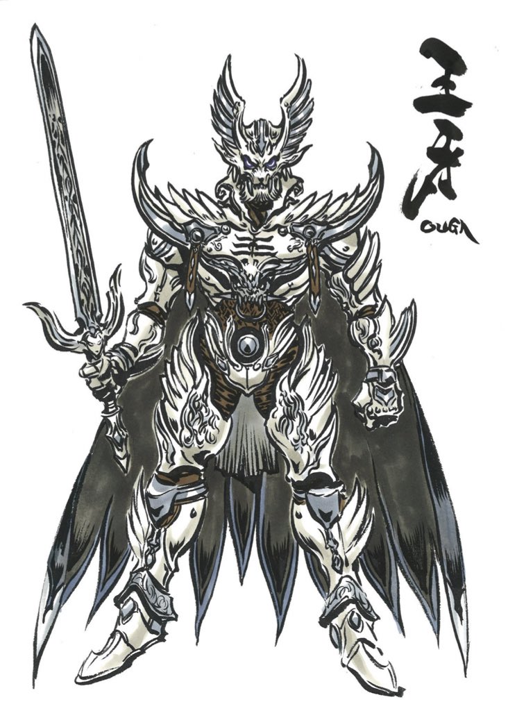 1boy, armor, black_cape, breastplate, cape, character_request, chest_guard, concept_art