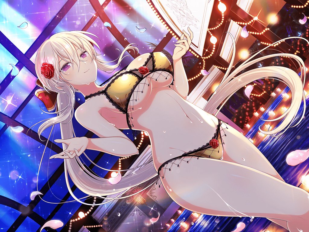 1girl, armpits, aurora, bare_shoulders, bikini, blonde_hair, blush, bow