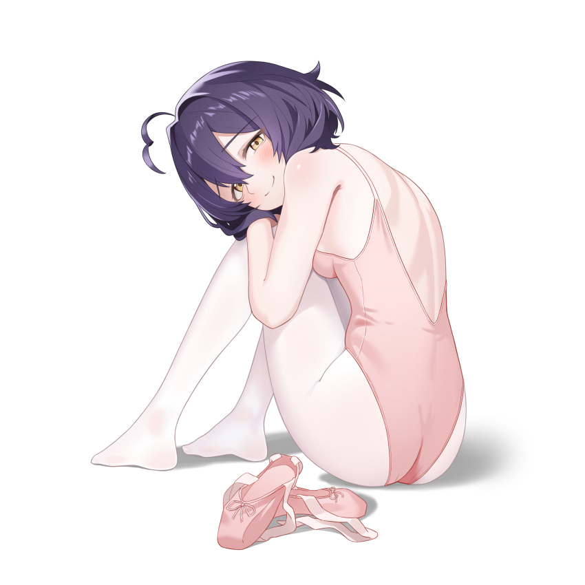 1girl, absurdres, ahoge, alternate_costume, ass, backless_outfit, bag, ballerina, ballet, black_hair, breasts, character_doll, dinyc, doll, head_on_knees, highres, hiiragi_utena, leotard, mahou_shoujo_ni_akogarete, nervous_smile, on_ground, pantyhose, pink_leotard, school_bag, shoes, short_hair, simple_background, small_breasts, smile, solo, unworn_shoes, venalita, white_background, white_pantyhose, yellow_eyes