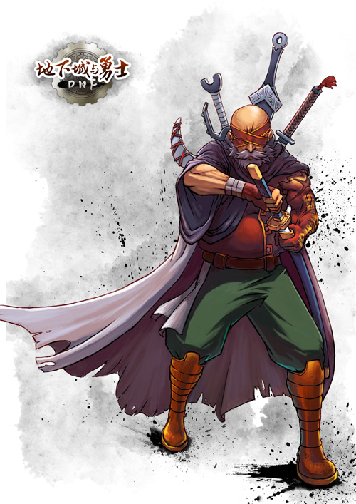 00s, 1boy, asura_(dungeon_and_fighter), belt, blind, blindfold, cape, dungeon_and_fighter, g.s.d., holding, holding_sword, holding_weapon, katana, male_slayer_(dungeon_and_fighter), mmo, sash, scabbard, sheath, slayer_(dungeon_and_fighter), sword, unsheathing, weapon, white_background