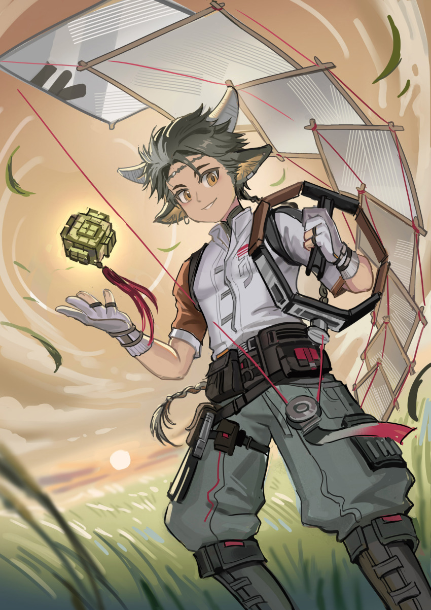 1boy, absurdres, animal_ears, arknights, black_hair, braid, brown_eyes, child