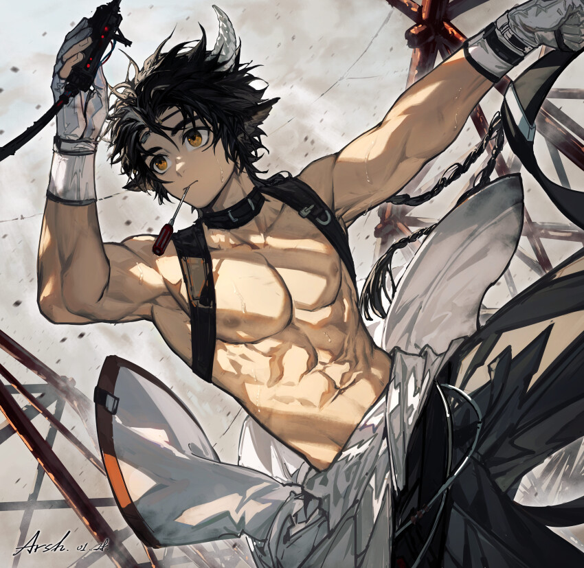 1boy, abs, absurdres, animal_ears, arknights, arsh_(thestarwish), artist_name, black_hair, braid, brown_eyes, commentary_request, cow_boy, cow_ears, cow_horns, gloves, highres, horns, male_focus, muscular, nipples, no_shirt, pants, wan_qing_(arknights), white_gloves