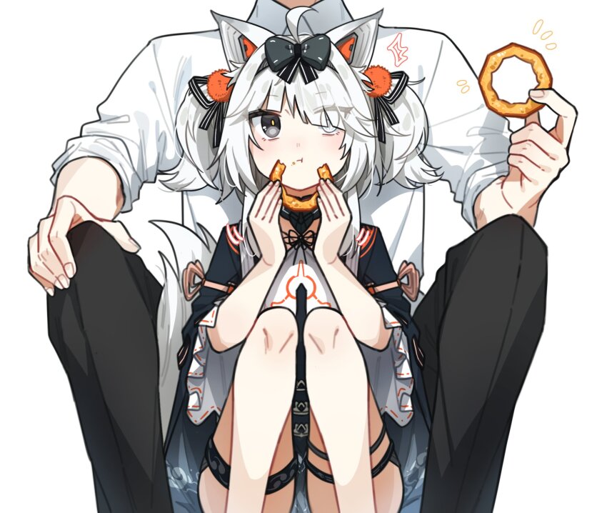1boy, 1girl, ahoge, animal_ears, asymmetrical_bangs, black_bow, black_pants, bow, chinese_clothes, collared_shirt, commandant_(pgr), eating, food, food_on_face, food_request, grey_eyes, grey_hair, hair_ornament, hair_over_one_eye, highres, holding, holding_food, jewelry, mechanical_ears, myam_(123ab456c), no._21:_feral_(pgr), no._21_(pgr), official_alternate_costume, official_alternate_hairstyle, orange_pom_poms, pants, pom_pom_(clothes), pom_pom_hair_ornament, punishing:_gray_raven, shirt, sidelocks, thighlet, twintails, white_background, white_shirt, wide_sleeves, wolf_ears