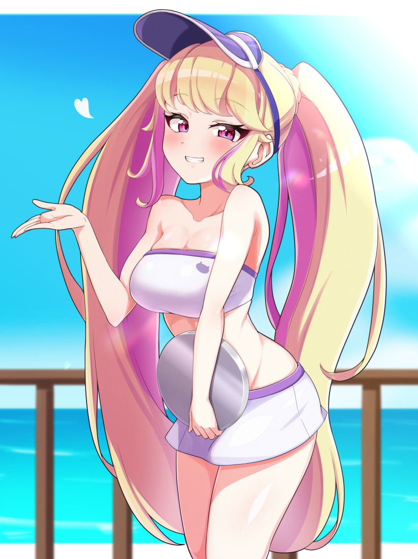 1girl, absurdres, bare_arms, bare_shoulders, big_hair, blonde_hair, blue_sky, blurry, blurry_background, blush, breasts, cleavage, cloud, cowboy_shot, day, eyelashes, from_side, grin, hand_up, heart, highres, himeme_(pretty_series), holding, holding_tray, horizon, large_breasts, leaning_forward, long_hair, looking_at_viewer, midriff, miniskirt, mujin_(mujinzairaisen), multicolored_hair, ocean, outdoors, pink_eyes, pink_hair, pretty_series, railing, skirt, sky, smile, solo, standing, strapless, streaked_hair, sunlight, swept_bangs, teeth, tray, tube_top, twintails, two-tone_hair, very_long_hair, visor_cap, waccha_primagi!, water, white_skirt, white_tube_top