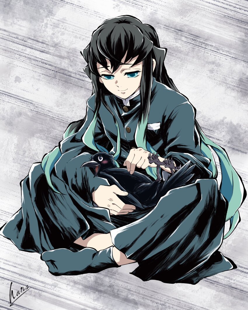 1boy, animal, aqua_eyes, bird, black_hair, black_socks, colored_tips, comic_panel_redraw, crow, demon_slayer_uniform, derivative_work, eyelashes, full_body, ginko_(kimetsu_no_yaiba), grey_background, hana_ni_nare, highres, indian_style, kimetsu_no_yaiba, long_hair, long_sleeves, looking_at_animal, looking_down, male_focus, multicolored_hair, no_shoes, petting, signature, sitting, smile, socks, streaked_hair, tabi, tokitou_muichirou, very_long_hair, wide_sleeves