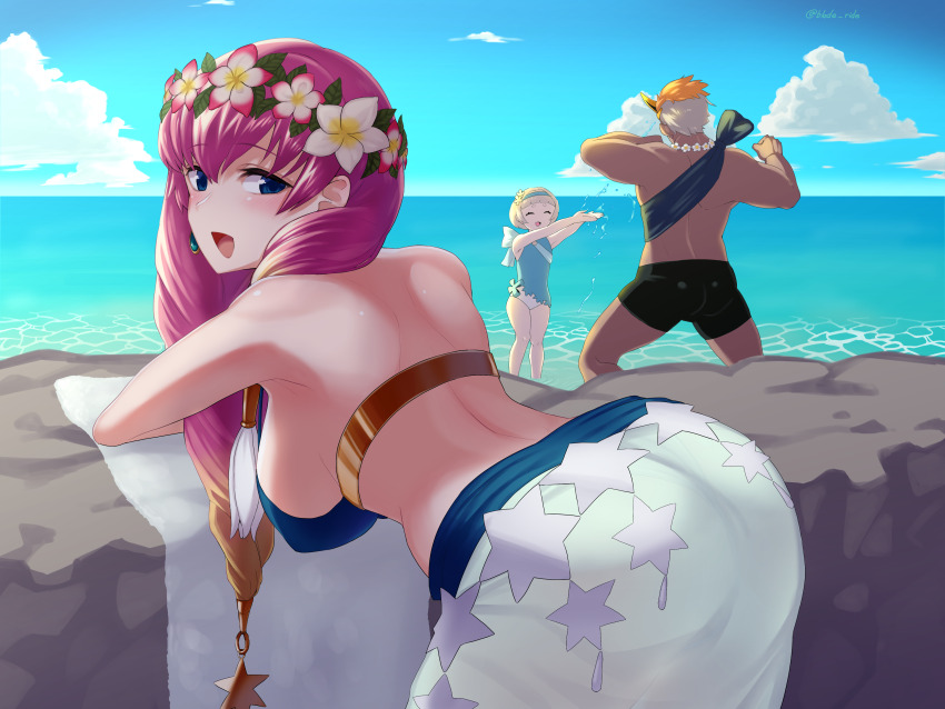 1boy, 2girls, :d, absurdres, arched_back, arms_up, back, bare_arms, bare_shoulders, beach, bent_over, bikini, black_shorts, blade_ride, blue_bikini, blue_eyes, blue_one-piece_swimsuit, blue_sky, blunt_bangs, breasts, cloud, cowboy_shot, dark-skinned_male, dark_skin, day, earrings, fire_emblem, fire_emblem_heroes, flower, flower_necklace, flower_wreath, gunnthra_(fire_emblem), gunnthra_(summer)_(fire_emblem), hair_between_eyes, hair_flower, hair_ornament, hanging_breasts, helbindi_(fire_emblem), helbindi_(summer)_(fire_emblem), highres, horizon, jewelry, large_breasts, legs_apart, light_blush, long_hair, looking_at_viewer, looking_back, multicolored_hair, multiple_girls, muscular, muscular_male, necklace, nintendo, ocean, one-piece_swimsuit, open_mouth, orange_hair, outdoors, pink_hair, sarong, short_hair, shorts, sky, smile, standing, star_(symbol), star_print, strap_gap, swimsuit, towel, twitter_username, very_short_hair, water, white_hair, white_sarong, ylgr_(fire_emblem), ylgr_(summer)_(fire_emblem)