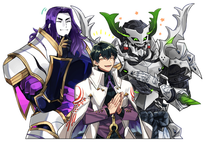 3boys, armor, black_hair, black_shirt, clapping, closed_eyes, closed_mouth, coat