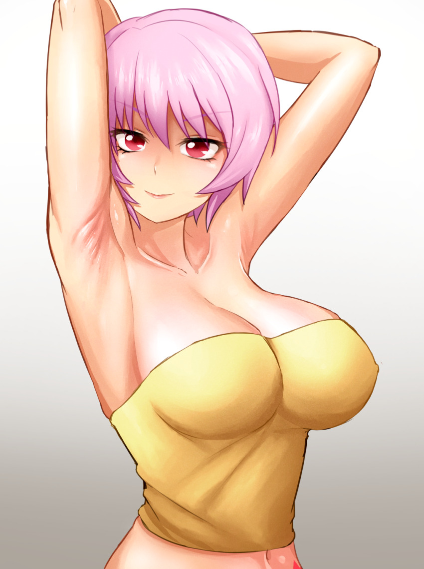 1girl, armpit_focus, armpits, arms_behind_head, arms_up, bare_shoulders, breasts, cleavage, closed_mouth, collarbone, crop_top, gradient_background, hair_between_eyes, highres, higurashi_no_naku_koro_ni, impossible_clothes, large_breasts, long_bangs, looking_at_viewer, mamiya_rina, midriff, minorchara, narrow_waist, navel, pink_hair, pink_lips, presenting_armpit, red_eyes, short_hair, sidelocks, simple_background, skin_tight, smile, solo, strapless, tube_top, white_background