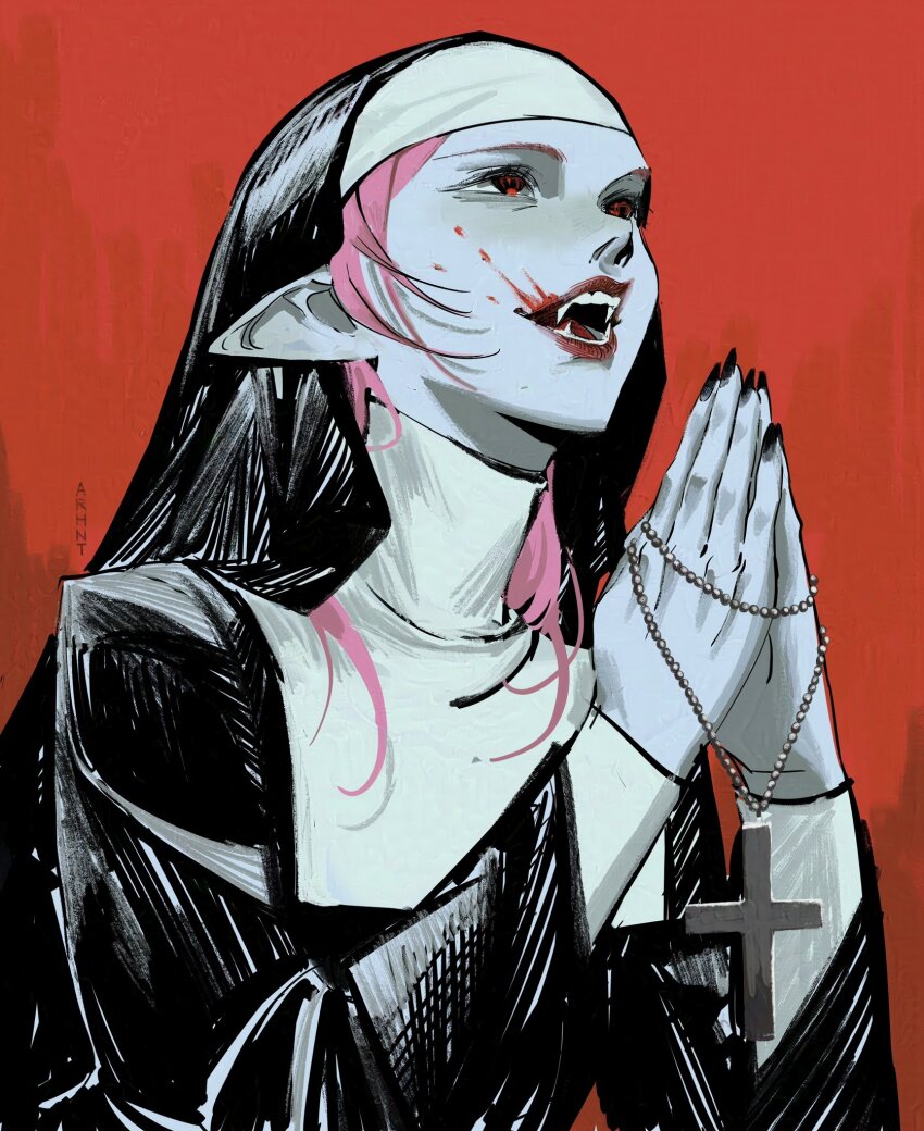1girl, arhnt, artist_name, bead_necklace, beads, black_nails, blood, blood_on_face, brush_stroke, coif, colored_skin, cross, eyelashes, fangs, faux_traditional_media, fingernails, grey_skin, habit, hatching_(texture), highres, jewelry, latin_cross, light_smile, limited_palette, lips, long_fingernails, long_hair, long_sleeves, looking_up, necklace, nun, nun_headdress, open_mouth, original, own_hands_together, pink_hair, pointy_ears, prayer_beads, praying, red_background, red_eyes, red_lips, robe, solo, tongue, traditional_nun, turtleneck, unworn_jewelry, unworn_necklace, upper_body, vampire, wavy_hair