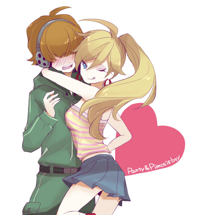 10s, 1boy, 1girl, bad_id, bad_pixiv_id, blonde_hair, blue_eyes, blush, brief_(psg), chaki_(chackiin), freckles, headphones, hetero, hug, one_eye_closed, orange_hair, panty_&amp;_stocking_with_garterbelt, panty_(psg), ponytail, skirt, tongue, wink