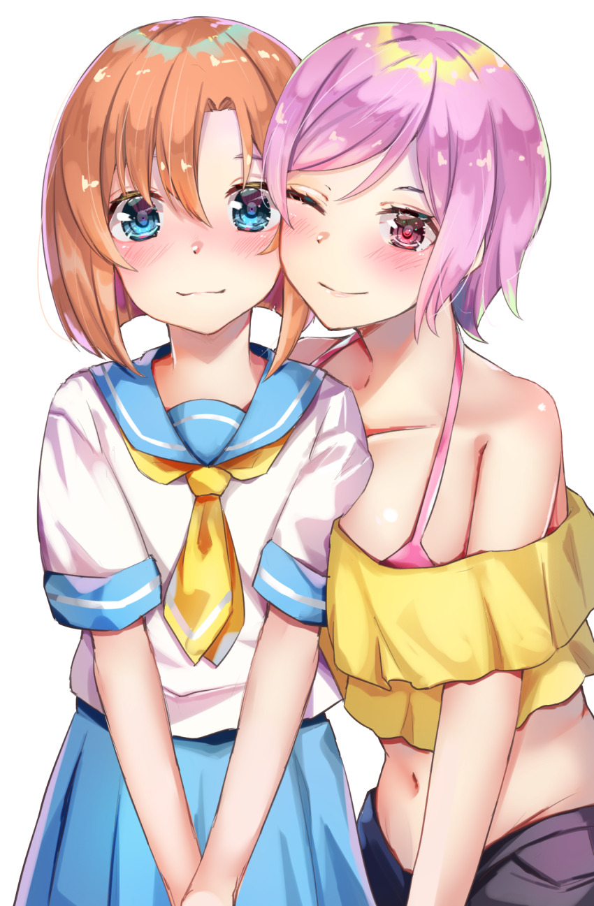 2girls, bare_shoulders, blue_eyes, blue_skirt, blush, bob_cut, breasts, collarbone