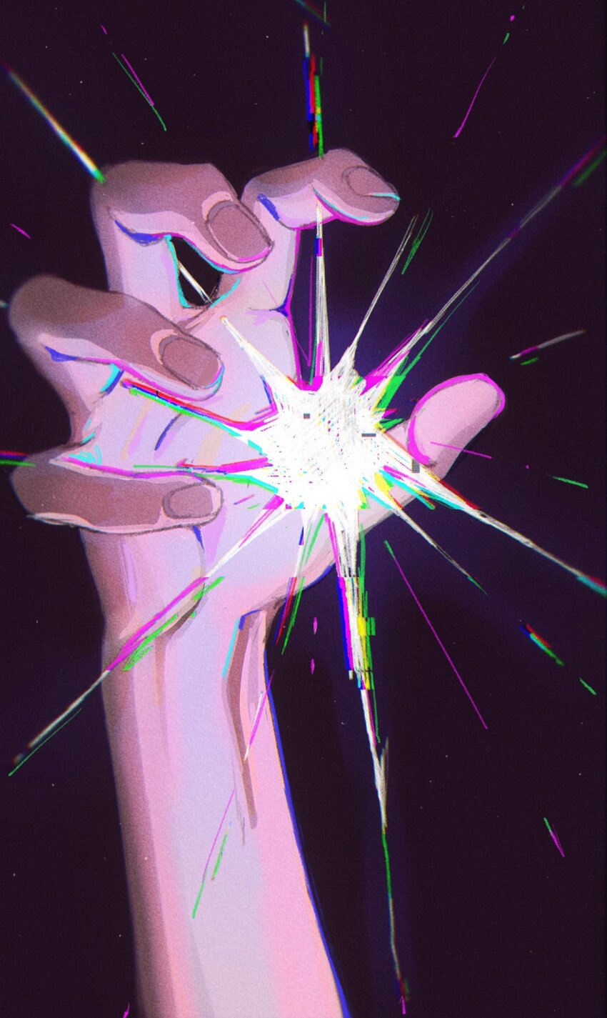arhnt, close-up, curled_fingers, energy, energy_ball, film_grain, fingernails, glitch
