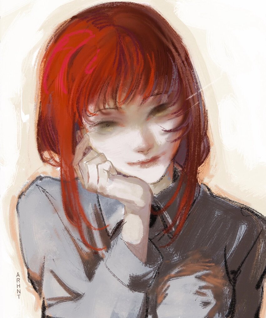 1girl, arhnt, artist_name, blurry_eyes, breasts, brush_stroke, chainsaw_man, collared_shirt, elbow_rest, eyelashes, faux_traditional_media, grey_shirt, hand_on_own_face, head_rest, head_tilt, highres, light_smile, lips, long_sleeves, looking_at_viewer, makima_(chainsaw_man), medium_breasts, medium_hair, nose, painterly, pale_skin, red_hair, shirt, sidelocks, solo, upper_body, white_background, wispy_bangs, yellow_eyes