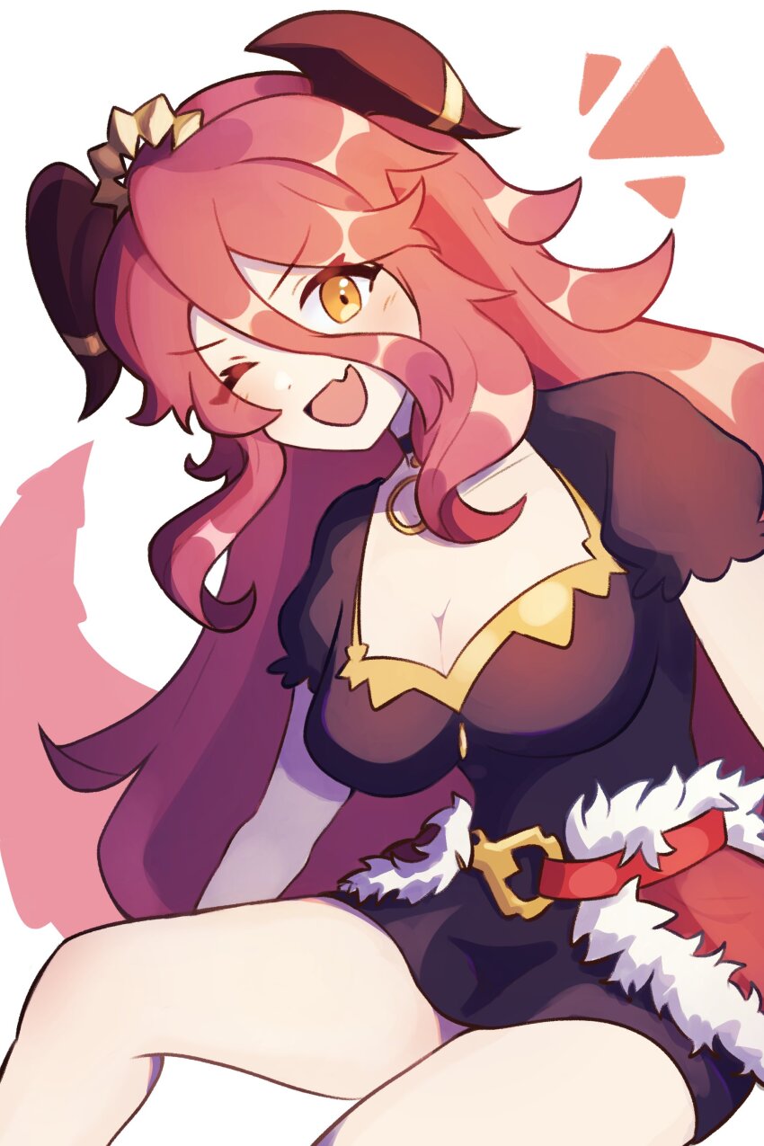1girl, ;d, absurdres, black_dress, breasts, cleavage, dotpyenji, dragalia_lost