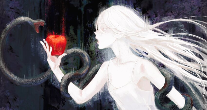 1girl, animal_on_arm, apple, arhnt, breasts, brush_stroke, camisole, collarbone