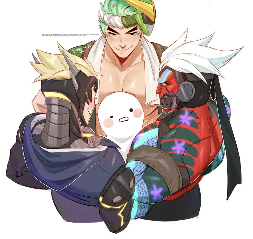 1boy, armor, bara, bare_pectorals, blonde_hair, blush, closed_mouth, cyber_demon_genji