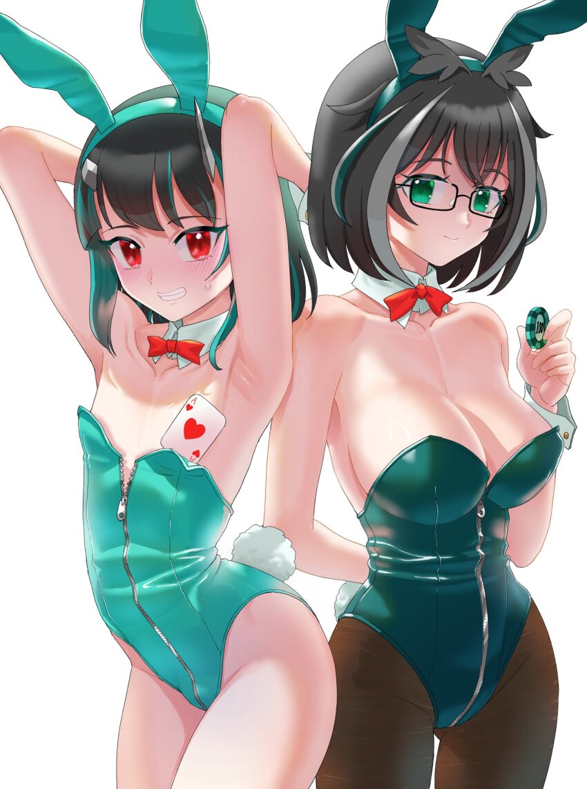 2girls, ace_(playing_card), ace_of_hearts, alternate_costume, animal_ears, arm_behind_back, armpits, arms_up, black-framed_eyewear, black_hair, black_pantyhose, blue_hair, blue_leotard, blush, bow, bowtie, breasts, broken_horn, buren, card, cleavage, closed_mouth, commentary_request, cowboy_shot, demon_horns, detached_collar, fake_animal_ears, fake_tail, flat_chest, front_zipper, glasses, green_eyes, grey_horns, grin, heart, highres, horns, large_breasts, leotard, looking_at_viewer, multicolored_hair, multiple_girls, nanashi_inc., oura_rukako, oversized_breast_cup, pantyhose, playboy_bunny, playing_card, poker_chip, rabbit_ears, rabbit_tail, rectangular_eyewear, red_eyes, shishio_chris, short_hair, simple_background, smile, strapless, strapless_leotard, tail, two-tone_hair, virtual_youtuber, white_background, wing_collar, zipper, zipper_leotard