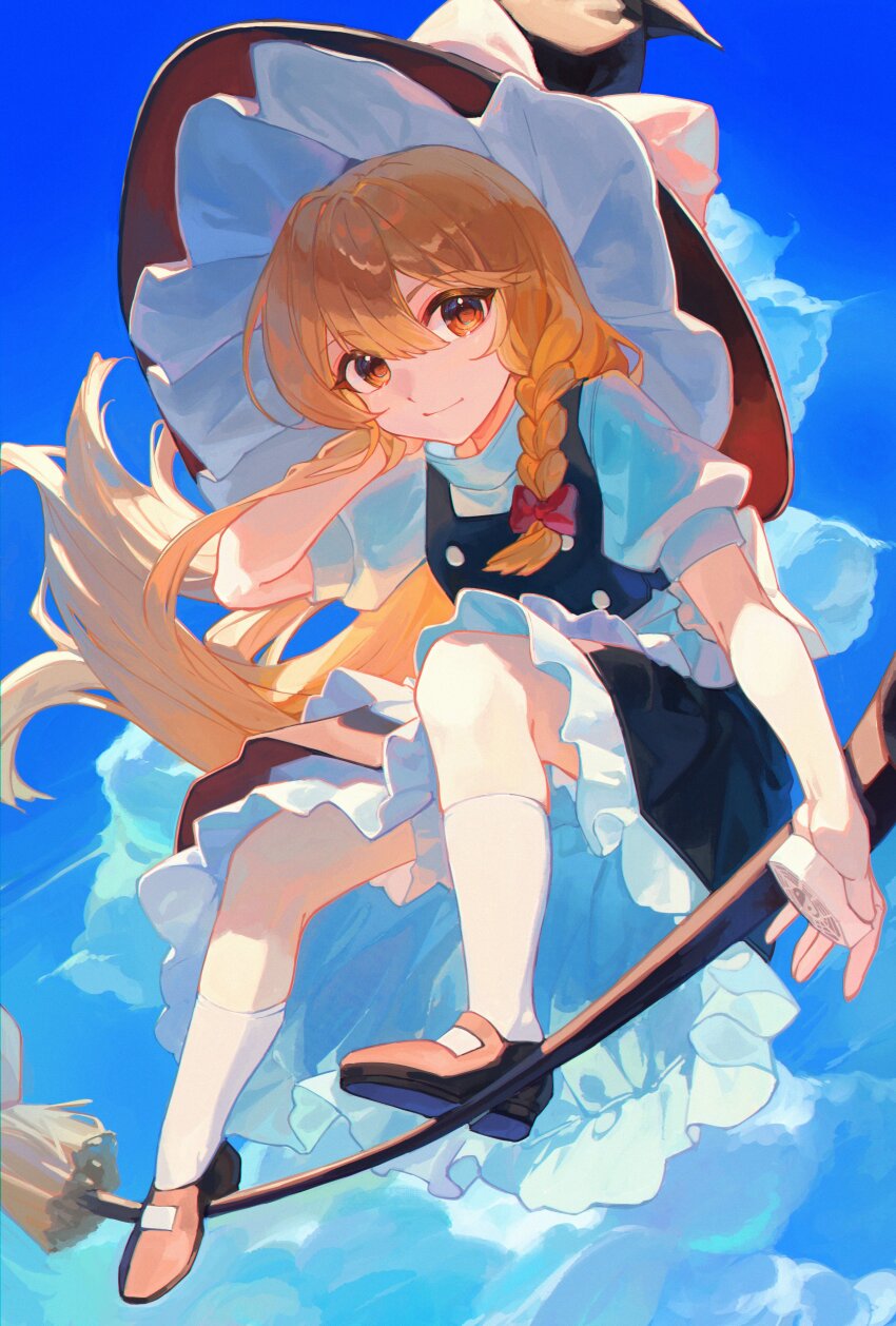 1girl, absurdres, black_hat, black_shoes, black_skirt, black_vest, blonde_hair, bow