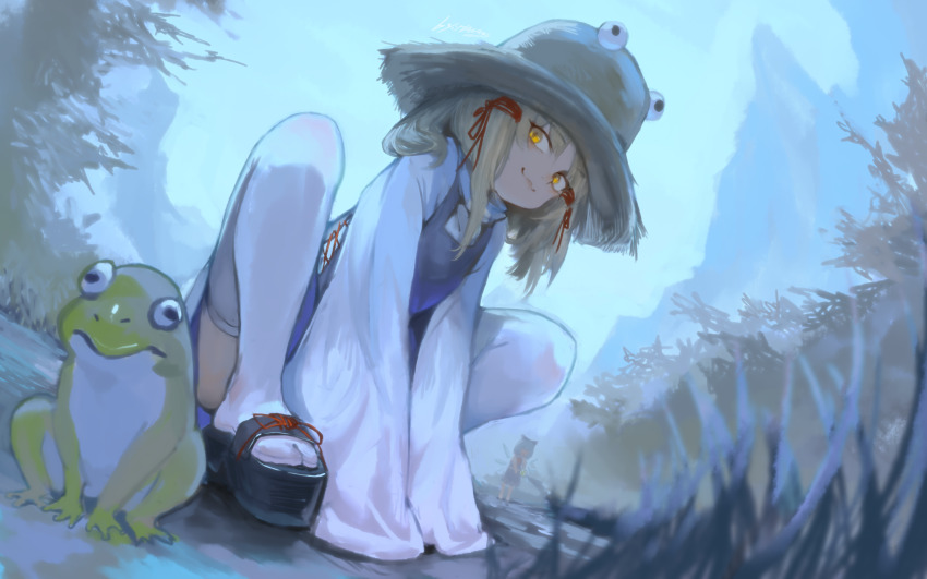 2girls, absurdres, animal, ass, blonde_hair, brown_headwear, cirno, closed_mouth, commentary, frog, hair_ribbon, hat, highres, hua_ha_jiazi, long_hair, long_sleeves, moriya_suwako, multiple_girls, okobo, platform_sandals, purple_skirt, purple_vest, red_ribbon, ribbon, sandals, shirt, skirt, sleeves_past_fingers, sleeves_past_wrists, smile, solo_focus, untranslatable_commentary, thighhighs, touhou, tress_ribbon, vest, white_shirt, white_thighhighs, yellow_eyes