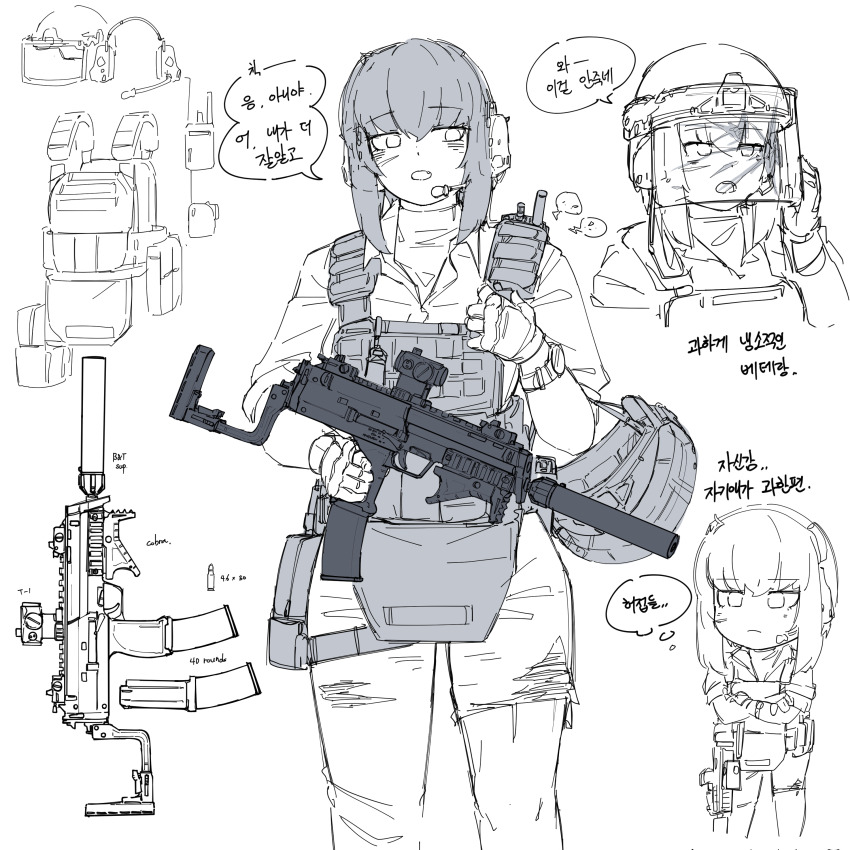 1girl, absurdres, ammunition, assault_rifle, bullet, bulletproof_vest, flukhan, gloves