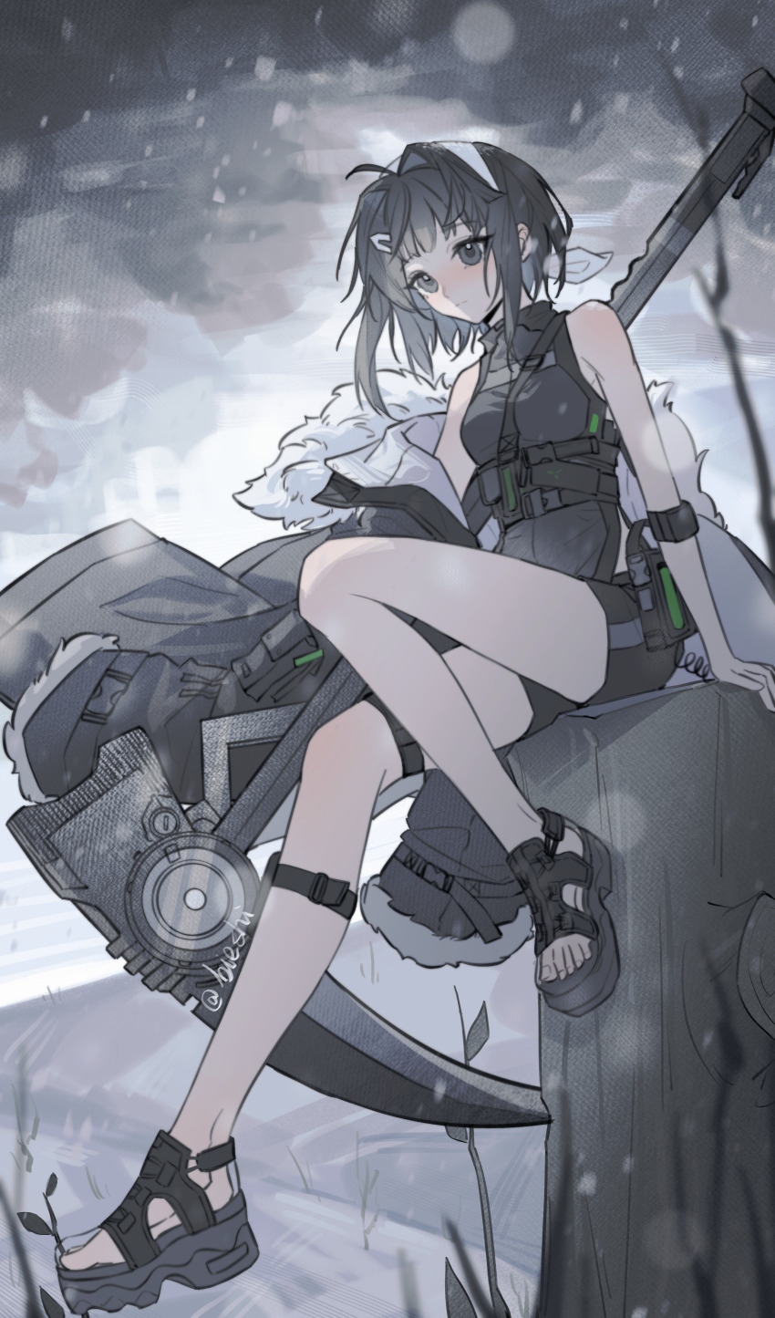 1girl, absurdres, arknights, artist_name, between_breasts, bieshi, black_eyes, black_hair, black_jacket, black_sandals, black_shirt, black_shorts, blurry, breasts, closed_mouth, depth_of_field, full_body, fur-trimmed_jacket, fur_trim, hair_ornament, hairclip, highres, jacket, la_pluma_(arknights), looking_at_viewer, medium_breasts, medium_hair, multicolored_hair, off_shoulder, sandals, scythe, shirt, shorts, sidelocks, sitting, sleeveless, sleeveless_shirt, snow, solo, streaked_hair, thigh_strap, white_hair, wire