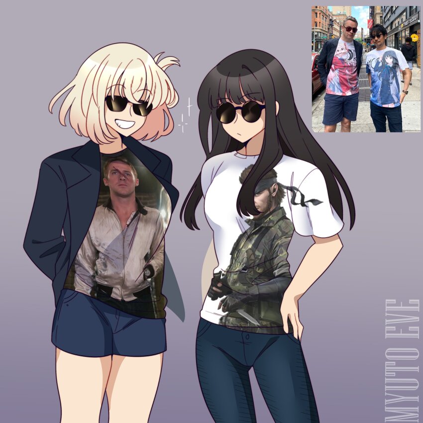 2boys, 2girls, absurdres, alternate_costume, arms_behind_back, artist_name, big_boss, black_hair