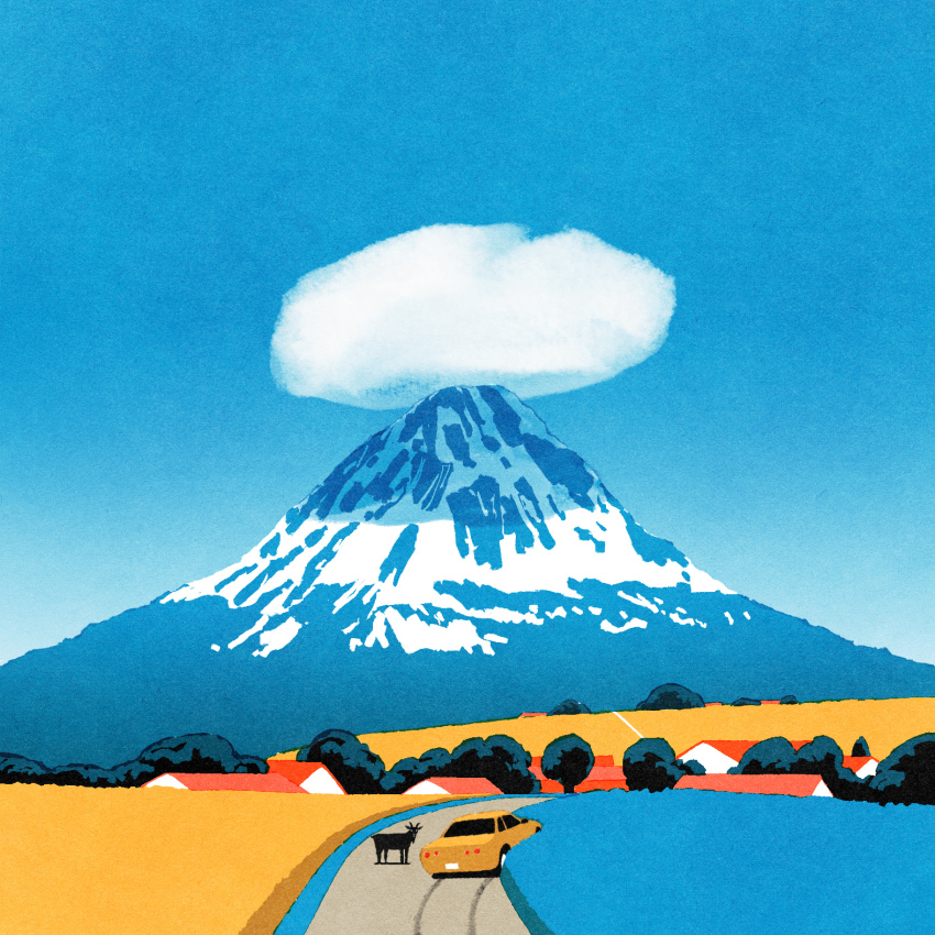 animal, blue_sky, building, car, cloud, day, goat, highres