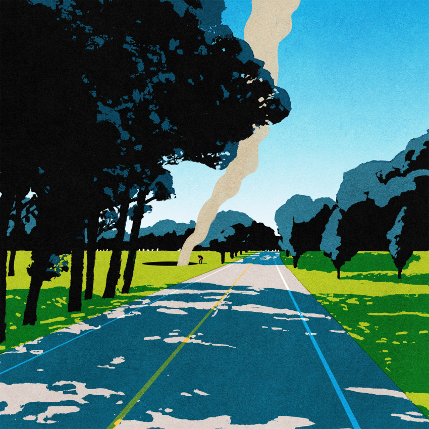 1other, blue_sky, cloud, crater, day, grass, highres, iida_kento, original, outdoors, road, scenery, shadow, sky, smoke, solo, tree