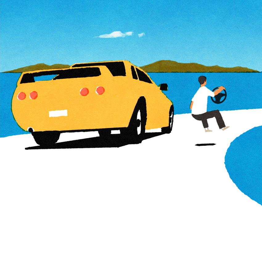 1boy, black_hair, black_pants, blue_sky, car, cloud, day, highres, iida_kento, motor_vehicle, original, outdoors, pants, road, scenery, shirt, short_hair, sky, solo, spoiler_(automobile), steering_wheel, vehicle_focus, very_short_hair, white_shirt, yellow_car