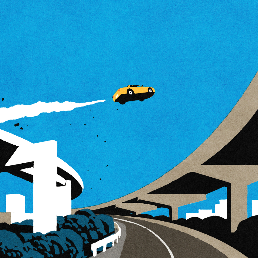 blue_sky, building, bush, car, city, day, debris, elevated_highway, highres, highway, iida_kento, midair, motor_vehicle, no_humans, original, outdoors, road, scenery, sky, smoke, yellow_car